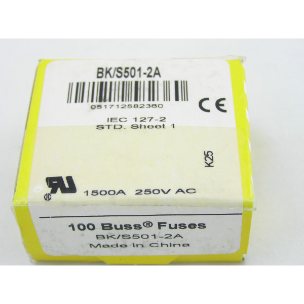 BUSSMANN S501 SERIES 2AMP FAST-ACTING, CERAMIC TUBE FUSES (Box of 100) BK-/S501-2A