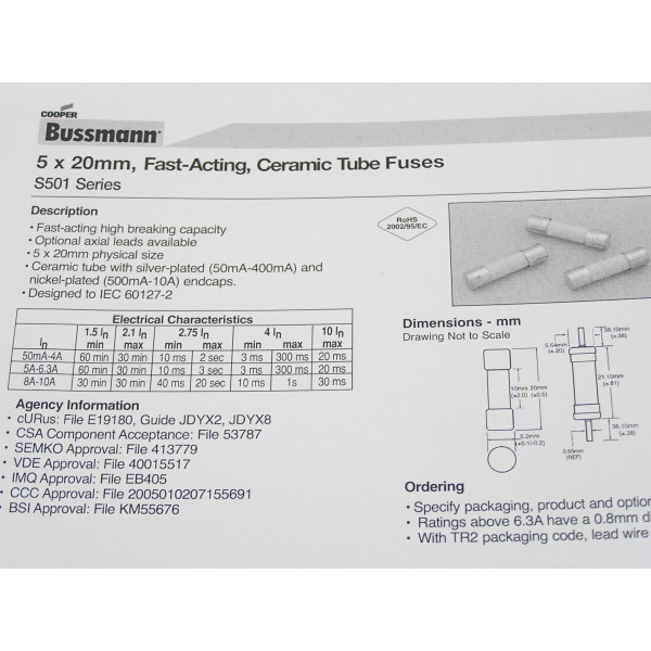 BUSSMANN S501 SERIES 2AMP FAST-ACTING, CERAMIC TUBE FUSES (Box of 100) BK-/S501-2A